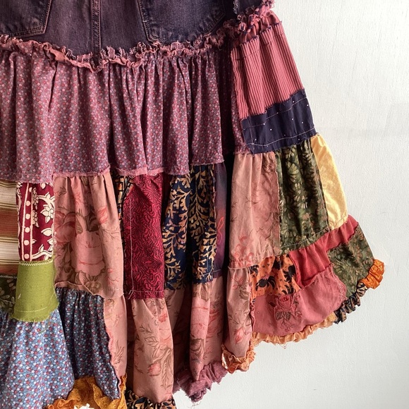 Upcycled Boho Tiered Jean Top Ruffled Hem Raw Edge Patchwork Midi Skirt Med to L - Picture 9 of 15